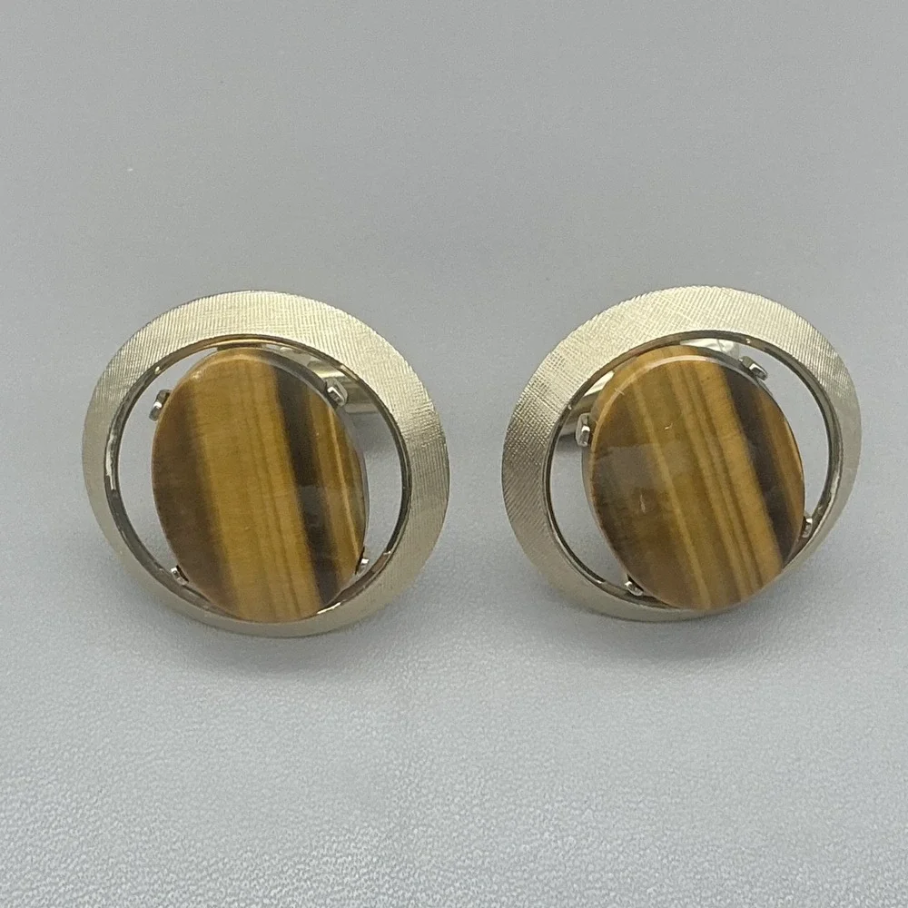 Dante Cufflinks Men's Gold Tone Round Tiger Eye Stone Vintage Formal Dress